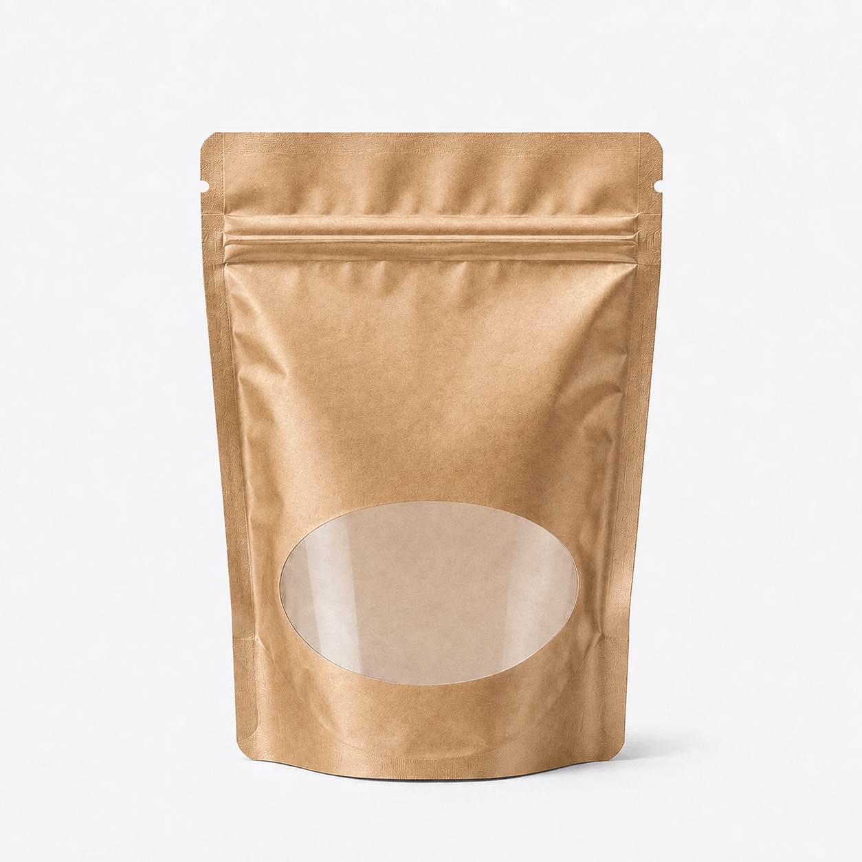 Stand-Up Pouch with Oval Window stock pouch product photo in Brown Paper