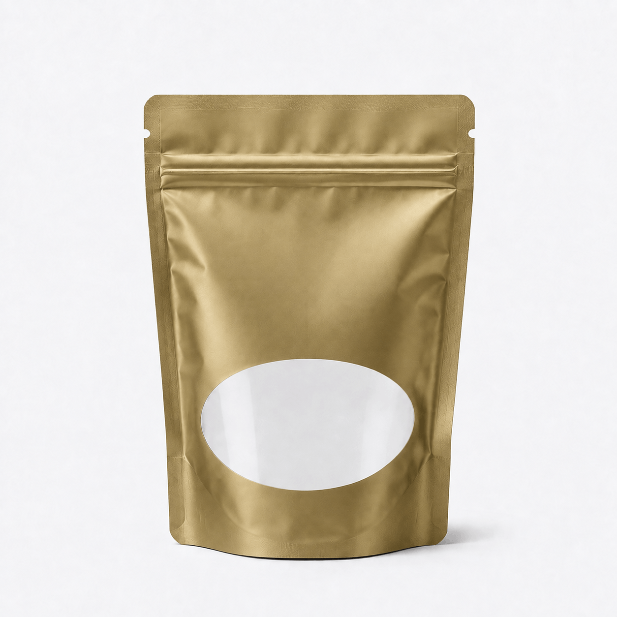 Stand-Up Pouch with Oval Window stock pouch product photo in Matte Gold