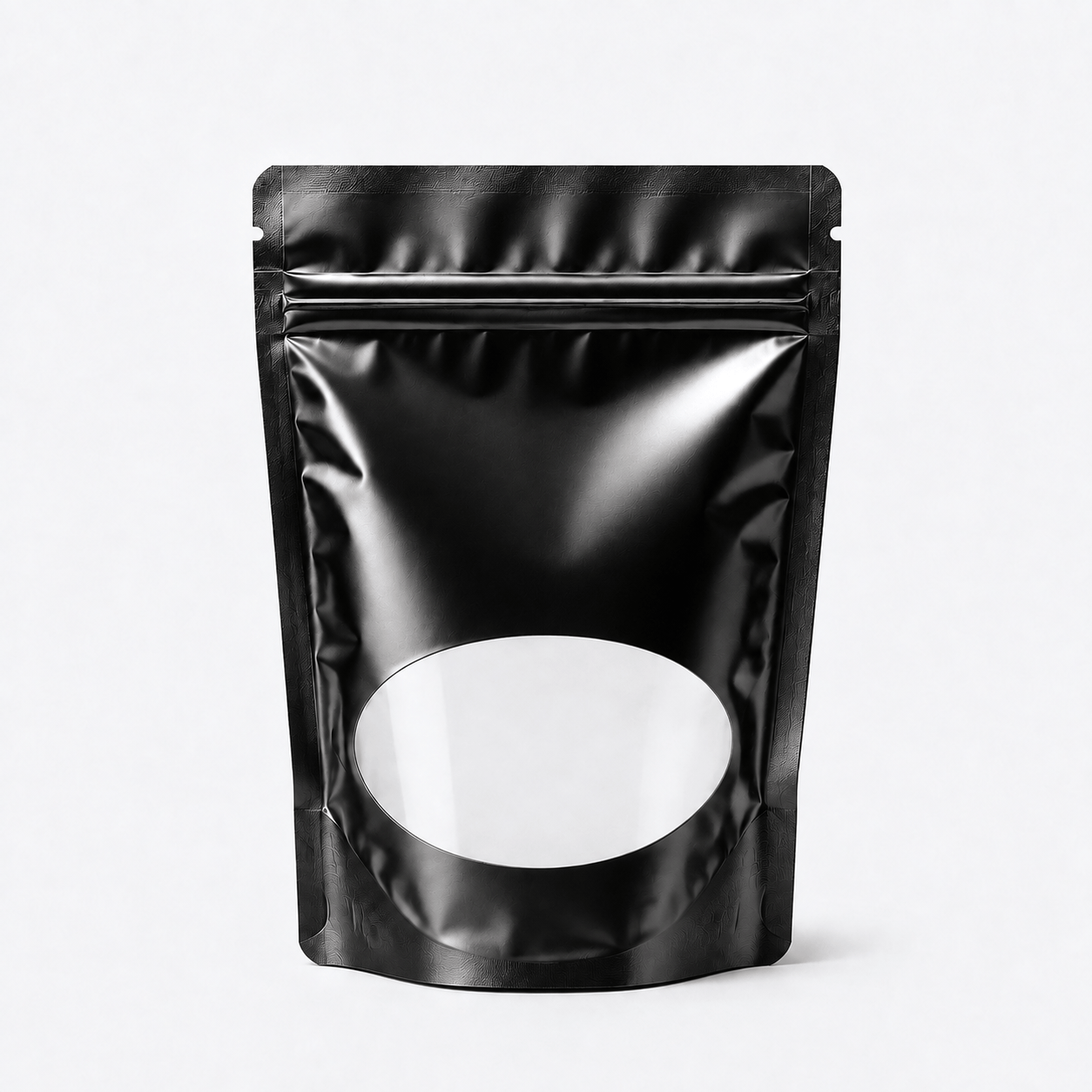 Stand-Up Pouch with Oval Window stock pouch product photo in Shiny Black