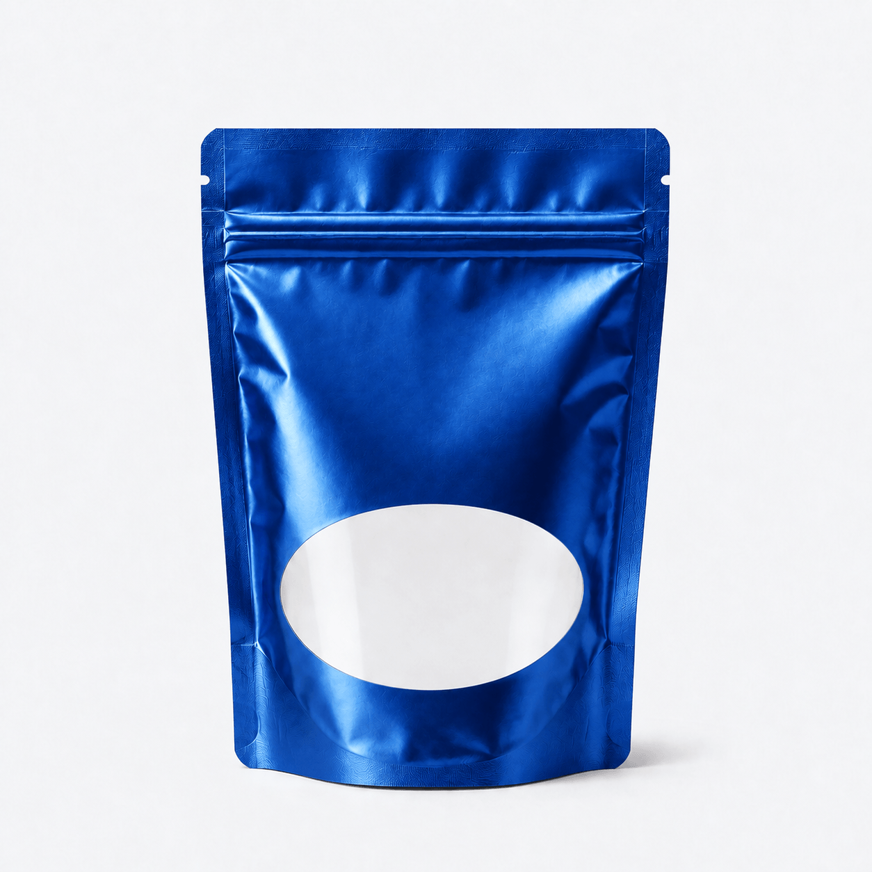 Stand-Up Pouch with Oval Window stock pouch product photo in Shiny Blue