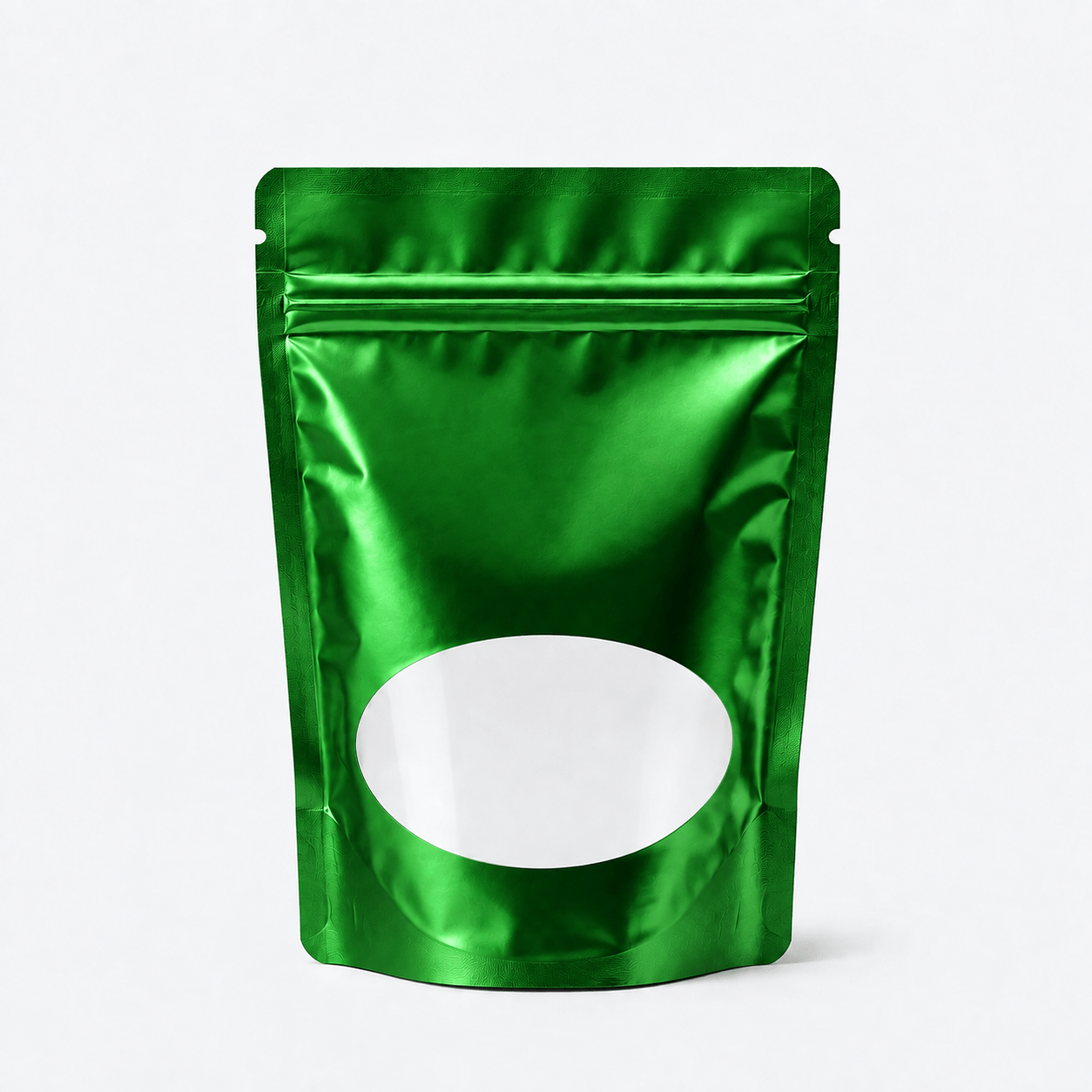 Stand-Up Pouch with Oval Window stock pouch product photo in Shiny Green