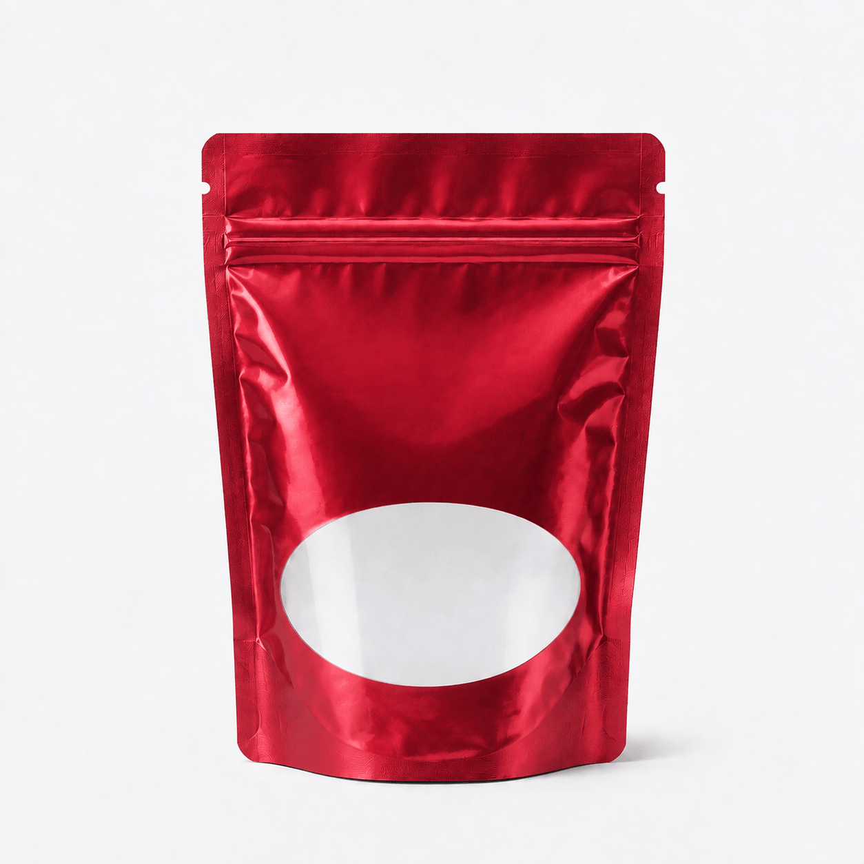 Stand-Up Pouch with Oval Window stock pouch product photo in Shiny Red