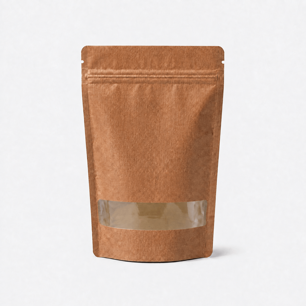 Kraft Stand-Up Pouch with Rectangle Window stock pouch product photo in Brown Striped Paper