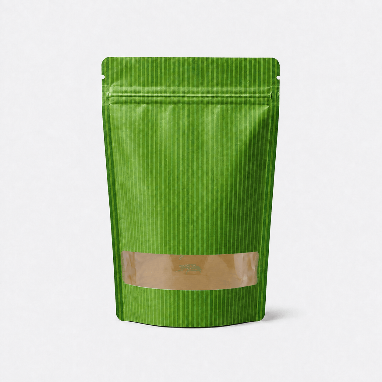 Kraft Stand-Up Pouch with Rectangle Window stock pouch product photo in Green Striped Paper