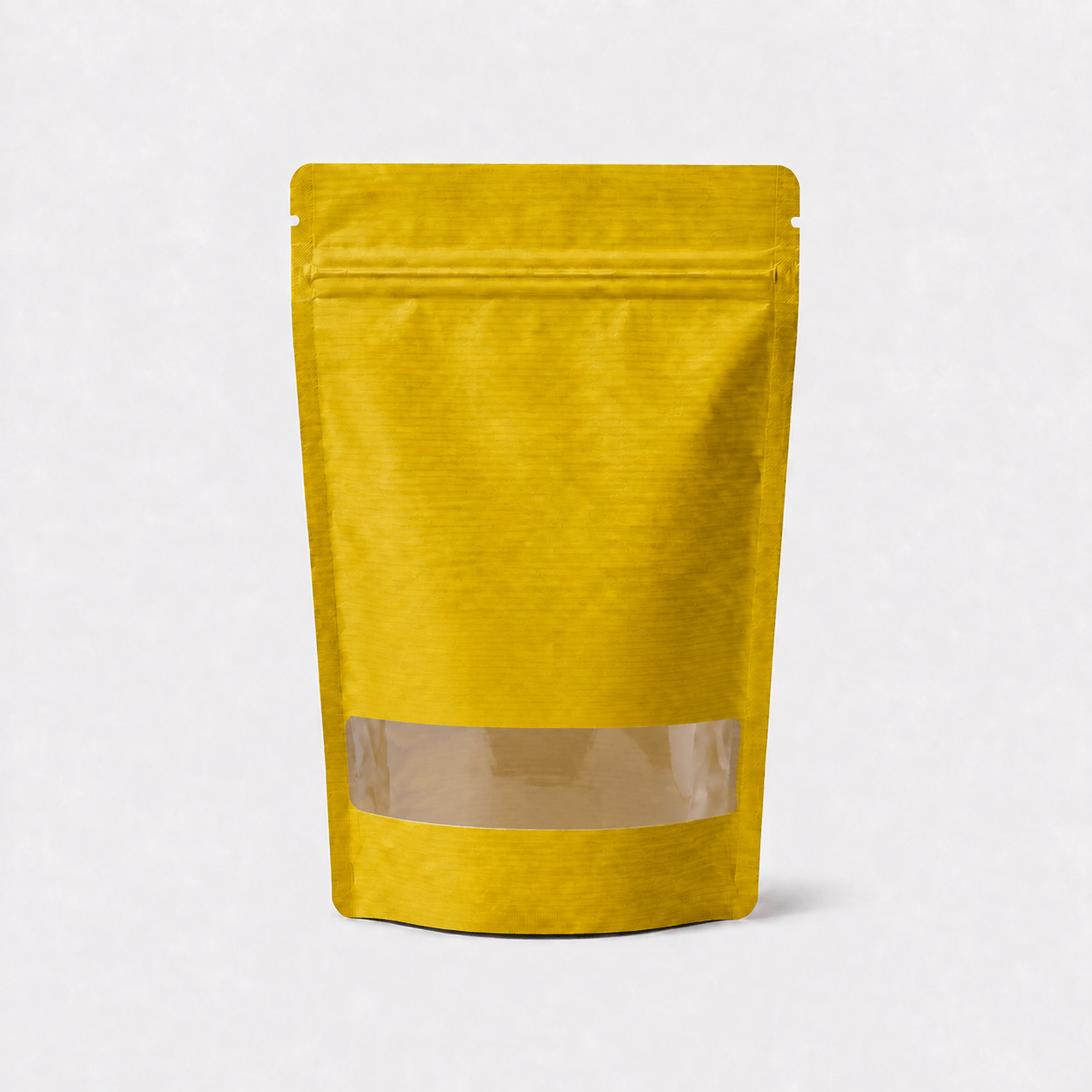 Kraft Stand-Up Pouch with Rectangle Window stock pouch product photo in Yellow Striped Paper
