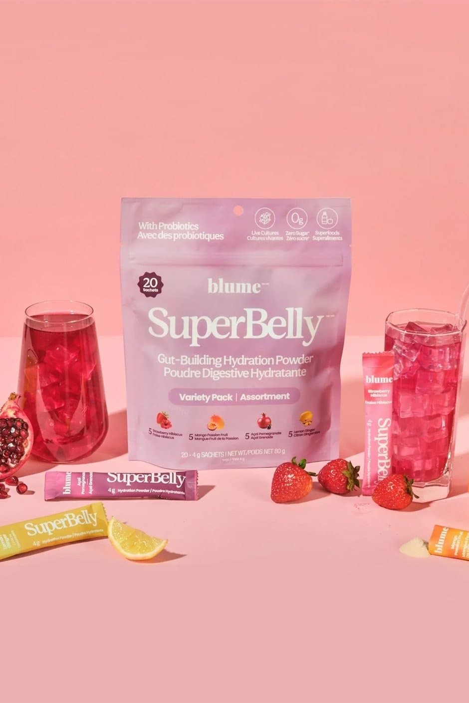 Blume SuperBelly Variety Pack pouch with fruit and pink drinks