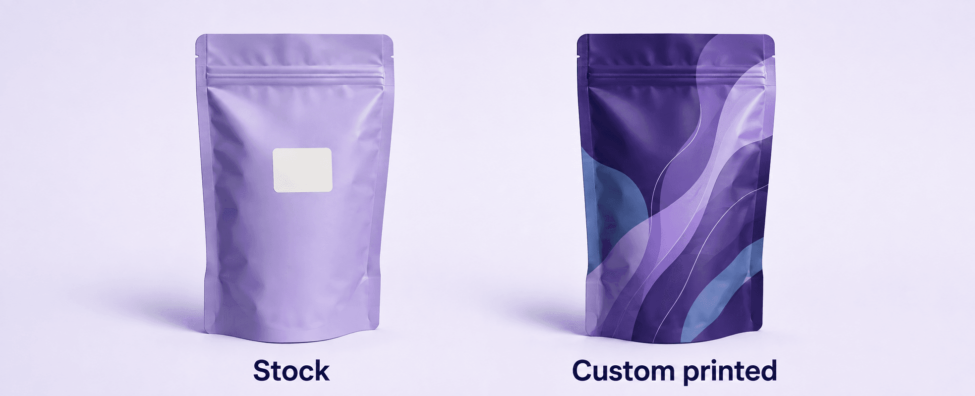 Stock pouch with a blank label beside a custom printed pouch with purple artwork.