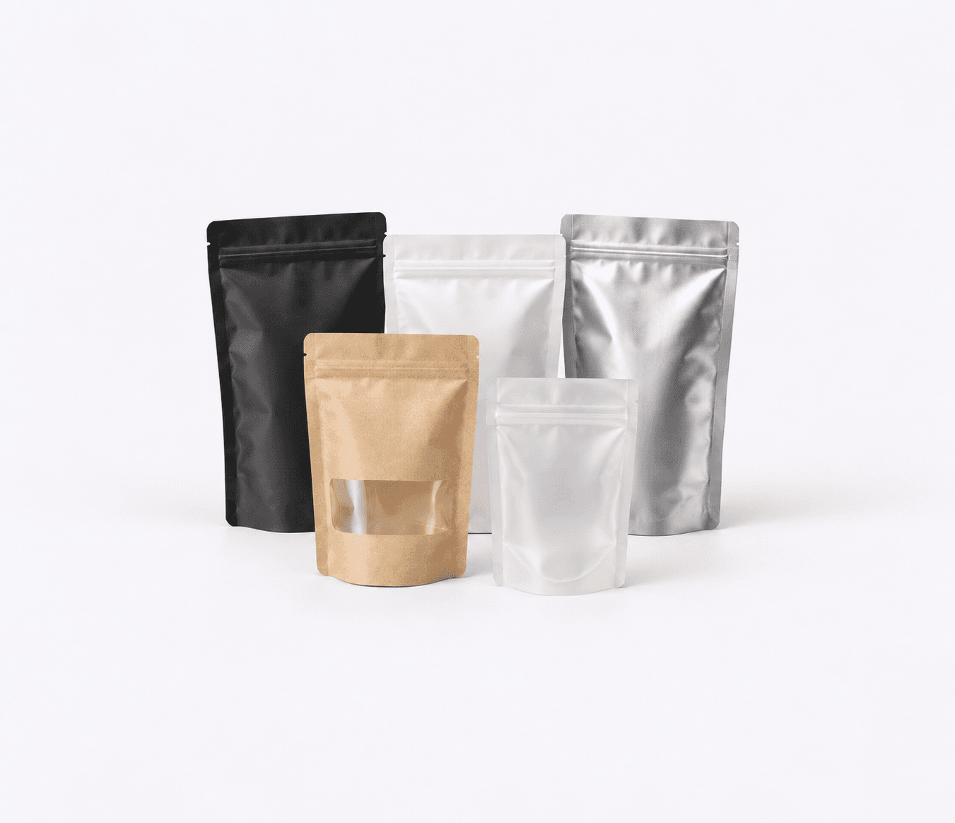 Sample pack with black, white, silver, kraft, and clear stand-up pouches