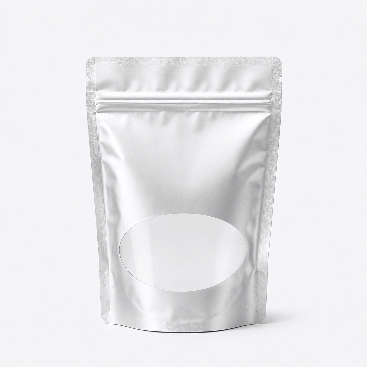 Stand-Up Pouch with Oval Window stock pouch product photo in Matte Silver
