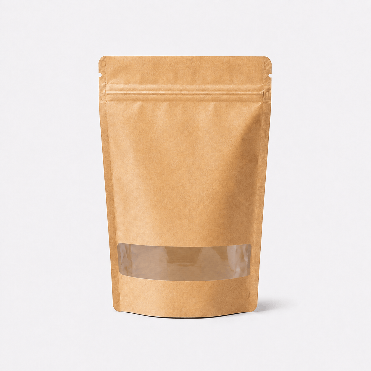 Kraft Stand-Up Pouch with Rectangle Window stock pouch product photo in Brown Paper