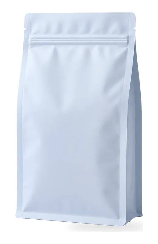 Unprinted flat bottom pouch showing its flat base and side gusset
