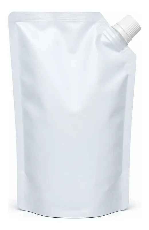 Unprinted spouted pouch with a corner spout and screw cap
