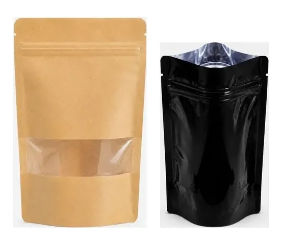 Kraft stock pouch with a clear window next to a black foil stock pouch